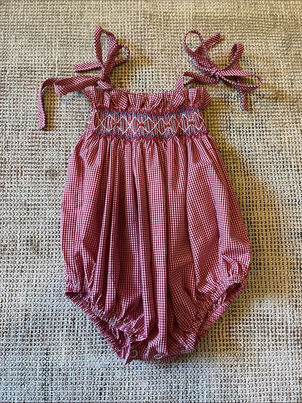 Remember Nguyen Red Gingham Smocked Tie-Shoulder Baby Bubble - size 3 mos